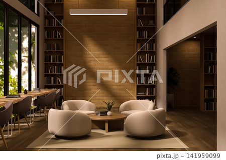 Modern Library Lounge Area with Round Armchairs and Brick Accent Wall Modern Library Lounge Area with Round Armchairs and Brick Accent Wall 141959099