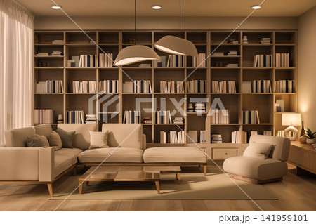 Warm Living Room Interior with Large L Shape Sofa and Bookshelf Wall Warm Living Room Interior with Large L Shape Sofa and Bookshelf Wall 141959101