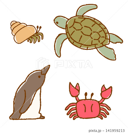 手書き風　海のかわいい生き物 141959213