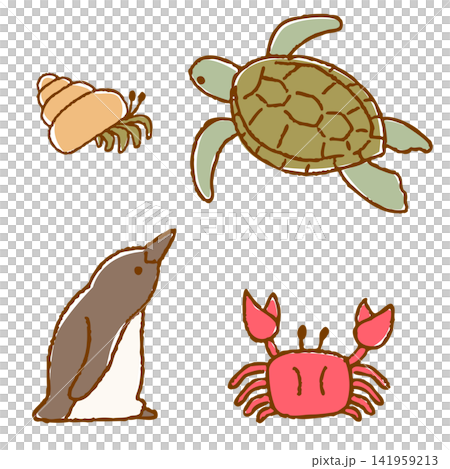 手書き風　海のかわいい生き物 141959213