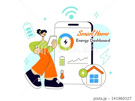 Smart Home Energy Dashboard Vector Illustration Featuring Renewable Power, Solar Panels, Electricity Monitoring, and Sustainable Technology Management Smart Home Energy Dashboard Vector Illustration Featuring Renewable Power, Solar Panels, Electricity Monitoring, and Sustainable Technology Management 141960327