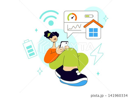 Smart Home Energy Dashboard Vector Illustration Featuring Renewable Power, Solar Panels, Electricity Monitoring, and Sustainable Technology Management 141960334