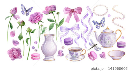 Romantic watercolor set with peonies, tea set, macarons, bows, ribbons, pearls,petals, butterflies and dragonfly. Perfect for invitations, packaging, stationery and feminine designs Romantic watercolor set with peonies, tea set, macarons, bows, ribbons, pearls,petals, butterflies and dragonfly. Perfect for invitations, packaging, stationery and feminine designs 141960605