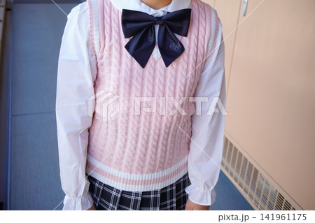 ピンクのベストを着た女子学生制服の上半身イメージ ピンクのベストを着た女子学生制服の上半身イメージ 141961175