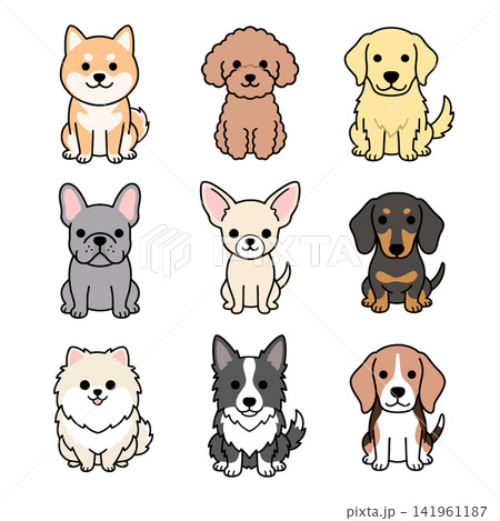 お座りした可愛い犬のカラーイラスト9点セット 141961187