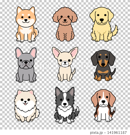 お座りした可愛い犬のカラーイラスト9点セット 141961187