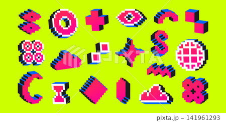 Retro pixel art icons, 3d y2k aesthetic stickers Retro pixel art icons, 3d y2k aesthetic stickers 141961293