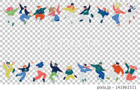 ジャンプする若者たちが上下に並ぶファッショナブルなボーダーパターンの手描きイラスト ジャンプする若者たちが上下に並ぶファッショナブルなボーダーパターンの手描きイラスト 141961511