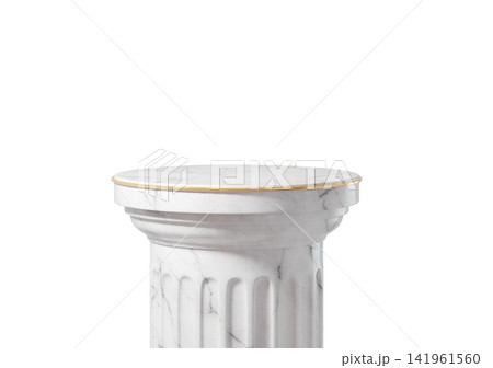 Greek Roman White marble pedestal podium with gold trim, isolated on background. Minimal luxury column stand for product presentation, cosmetic, gallery showcase with copy space. 3d render 141961560