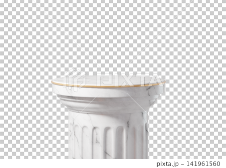 Greek Roman White marble pedestal podium with gold trim, isolated on background. Minimal luxury column stand for product presentation, cosmetic, gallery showcase with copy space. 3d render 141961560