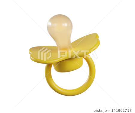 3d yellow Baby Pacifier with silicone nipple, isolated on background. Infant soother dummy for newborn care, baby hygiene and parenting concept. 3d render	 141961717