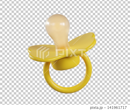 3d yellow Baby Pacifier with silicone nipple, isolated on background. Infant soother dummy for newborn care, baby hygiene and parenting concept. 3d render	 141961717