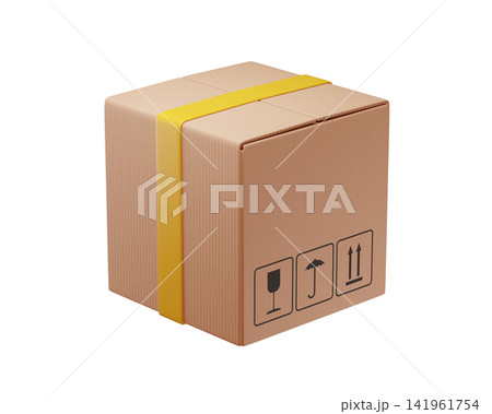 Cardboard shipping box with yellow strap and handling symbols isolated on background, packaging and delivery concept. 3d render	 141961754