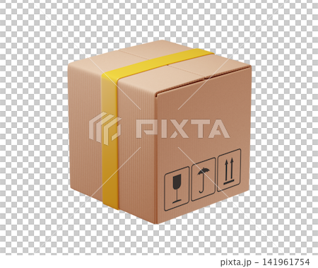 Cardboard shipping box with yellow strap and handling symbols isolated on background, packaging and delivery concept. 3d render	 141961754