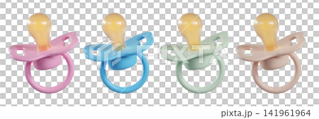 Set of colored 3d Baby Pacifier, isolated on background. Infant soother dummy for newborn care, baby hygiene and parenting concept. 3d render Set of colored 3d Baby Pacifier, isolated on background. Infant soother dummy for newborn care, baby hygiene and parenting concept. 3d render 141961964