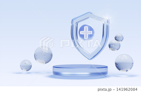 Transparent blue 3D podium with medical cross, glass shield and floating water bubbles of gel, ointment or liquid medication. Protect health, drug safety, healthcare product display. 3D illustration 141962084