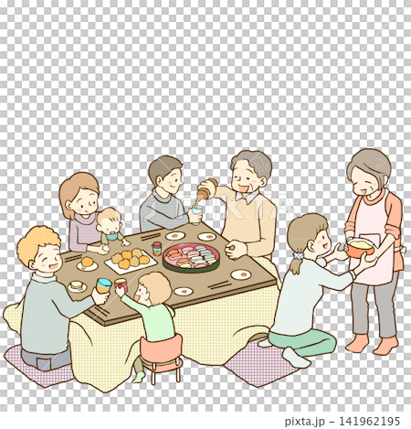 全家一起在暖桌（kotatsu）上吃飯。 141962195