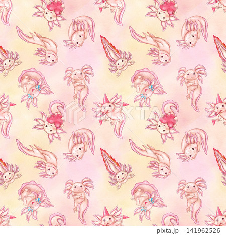 Cute axolotls seamless pattern on watercolor pink yellow background. Hand drawn pastel mexican salamanders with various funny emotions, emoji. Illustration for wrapping paper, kids apparel, fabric Cute axolotls seamless pattern on watercolor pink yellow background. Hand drawn pastel mexican salamanders with various funny emotions, emoji. Illustration for wrapping paper, kids apparel, fabric 141962526
