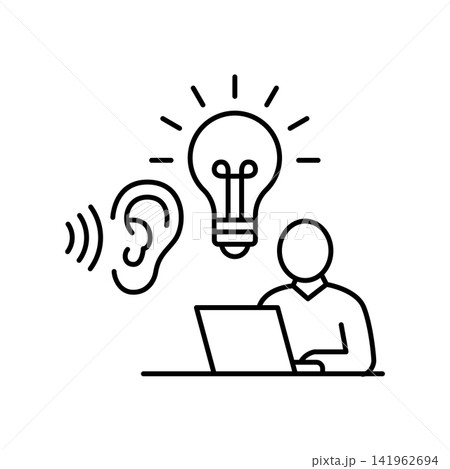 Outline icon representing a person working with proper lighting and idea bulb for reduced eye strain. Outline icon representing a person working with proper lighting and idea bulb for reduced eye strain. 141962694