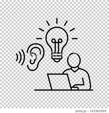 Outline icon representing a person working with proper lighting and idea bulb for reduced eye strain. Outline icon representing a person working with proper lighting and idea bulb for reduced eye strain. 141962694