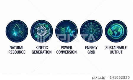 Five circular icons illustrating renewable energy generation processes and sustainable power distribution systems with representing natural resources Five circular icons illustrating renewable energy generation processes and sustainable power distribution systems with representing natural resources 141962829