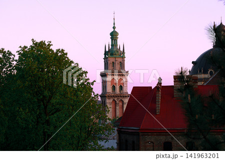 European city scape tower town hall landmark with trees foreground purple sunset beautiful light and sky European city scape tower town hall landmark with trees foreground purple sunset beautiful light and sky 141963201
