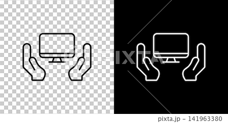 PCを守るコンセプトのアイコン。白と黒のモノクロベクターイラストセット PCを守るコンセプトのアイコン。白と黒のモノクロベクターイラストセット 141963380