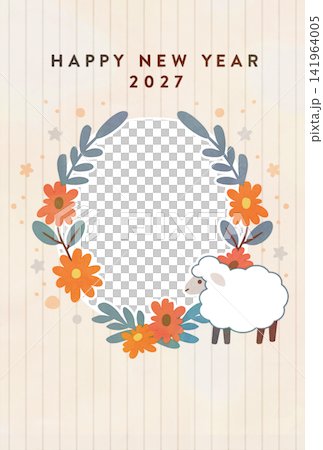Sheep and flower wreath, 2027 New Year's greeting card photo frame 141964005