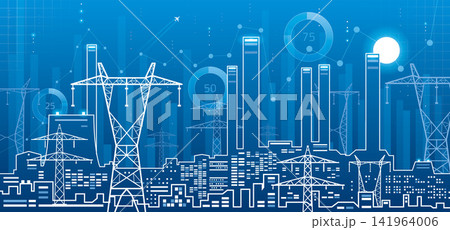 Modern energy infrastructure with power lines, industrial city skyline and data charts on blue background. Concept of smart grid, electricity, analytics and technology. Modern energy infrastructure with power lines, industrial city skyline and data charts on blue background. Concept of smart grid, electricity, analytics and technology. 141964006