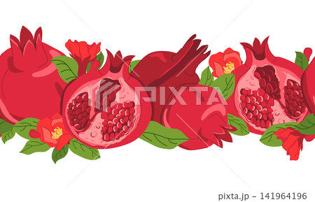 Vector pattern with pomegranates. Whole and halved fruits with seeds, twigs, green leaves and flowers. Seamless border Flat style. Clipart for juice, cosmetics, and perfume packaging. Tree of Paradise Vector pattern with pomegranates. Whole and halved fruits with seeds, twigs, green leaves and flowers. Seamless border Flat style. Clipart for juice, cosmetics, and perfume packaging. Tree of Paradise 141964196