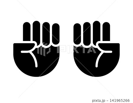 Solid black vector graphic of two raised clenched fists. Glyph silhouette icon for power, strength, solidarity, resistance, and unity isolated on white background. Solid black vector graphic of two raised clenched fists. Glyph silhouette icon for power, strength, solidarity, resistance, and unity isolated on white background. 141965266