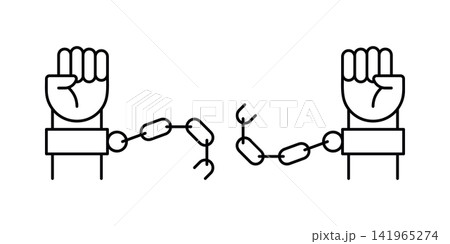 Vector line icon of two fists breaking handcuff chains in the center. Symbol of overcoming oppression, gaining freedom, liberation, and revolution isolated on white background. Vector line icon of two fists breaking handcuff chains in the center. Symbol of overcoming oppression, gaining freedom, liberation, and revolution isolated on white background. 141965274