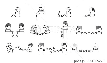 Vector line icon set of raised fists in handcuffs and broken chains. Human rights, freedom, protest, liberty, justice, and liberation concept vector elements isolated on white background. Vector line icon set of raised fists in handcuffs and broken chains. Human rights, freedom, protest, liberty, justice, and liberation concept vector elements isolated on white background. 141965276