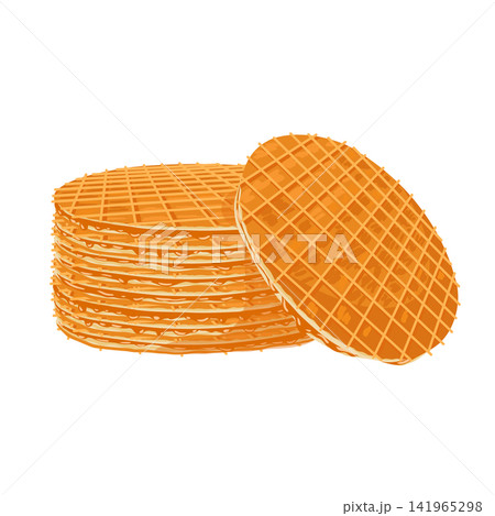 Stroopwafels stack. Sweet dutch bakery and pastry dessert with caramel topping. Vector isolated hand drawn illustration of traditional holland waffle for menu designs, prints, stickers 141965298