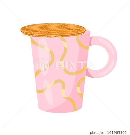 Waffle on top of the mug. Stroopwafel. Traditional dutch dessert with caramel topping. Vector isolated hand drawn illustration of traditional holland waffle for menu designs, prints, stickers Waffle on top of the mug. Stroopwafel. Traditional dutch dessert with caramel topping. Vector isolated hand drawn illustration of traditional holland waffle for menu designs, prints, stickers 141965303