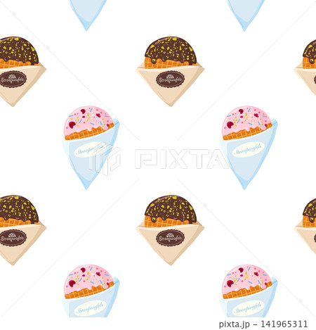 Stroopwafels seamless pattern. Dutch stroopwafels with a glossy glaze, caramel-filled waffles with a decor kraft wrapped. Vector hand drawn design for packaging, textiles, and culinary-themed designs Stroopwafels seamless pattern. Dutch stroopwafels with a glossy glaze, caramel-filled waffles with a decor kraft wrapped. Vector hand drawn design for packaging, textiles, and culinary-themed designs 141965311