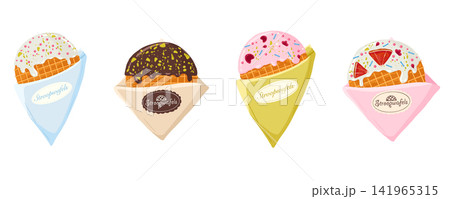 Stroopwafels set. Sweet traditional dutch street food in craft package. Holland desserts with chocolate, vanilla, raspberries flavour. Vector illustrations of waffles for menu designs, prints, sticker 141965315