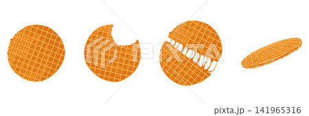 Stroopwafels cookies set. Sweet dutch bakery and pastry desserts with caramel topping. Vector isolated illustrations of broken, hole and bitten holland waffles for menu designs, prints, stickers Stroopwafels cookies set. Sweet dutch bakery and pastry desserts with caramel topping. Vector isolated illustrations of broken, hole and bitten holland waffles for menu designs, prints, stickers 141965316