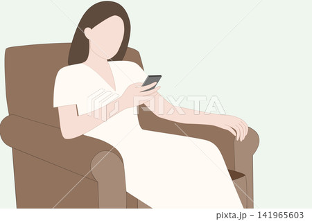 Woman relaxing in armchair using smartphone,an imaginary woman Woman relaxing in armchair using smartphone,an imaginary woman 141965603