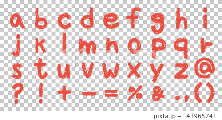 A set of lowercase English letters and symbols drawn with a red crayon: alphabet, punctuation, and arithmetic symbols. A set of lowercase English letters and symbols drawn with a red crayon: alphabet, punctuation, and arithmetic symbols. 141965741