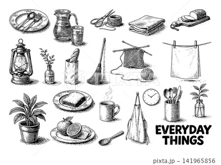 暮らしの日用品を描いたペン画イラストセット、食卓・家事・植物・手仕事 141965856