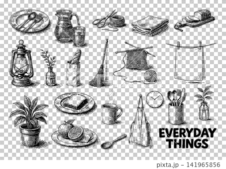 暮らしの日用品を描いたペン画イラストセット、食卓・家事・植物・手仕事 141965856