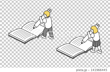 Isometric illustration: High school student set writing in notebook (summer uniform, back view) Isometric illustration: High school student set writing in notebook (summer uniform, back view) 141966445