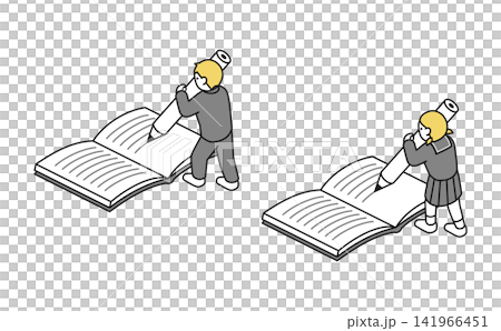 アイソメトリックイラスト：ノートに書き込む中学生セット(冬服 後ろ) 141966451