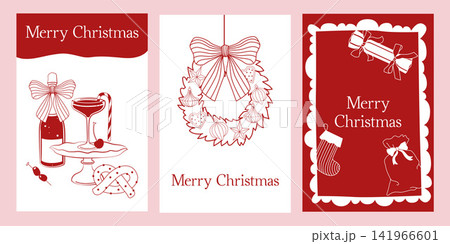 Hand-drawn Merry Christmas greeting cards line art set with wreath, Christmas ornaments, champagne, cocktail, gift and stocking Hand-drawn Merry Christmas greeting cards line art set with wreath, Christmas ornaments, champagne, cocktail, gift and stocking 141966601