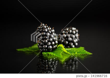 Fresh blackberry composition with glossy reflection on black studio background Fresh blackberry composition with glossy reflection on black studio background 141966716