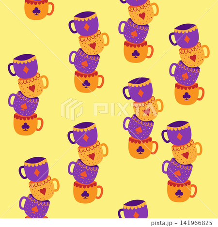 Tea time. Sets of cups with card suits seamless pattern. Alice in Wonderland Fairy Tale. Tea time. Sets of cups with card suits seamless pattern. Alice in Wonderland Fairy Tale. 141966825