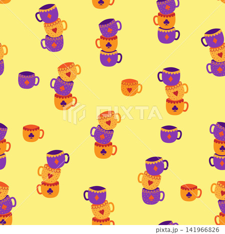 Tea time. Sets of cups with card suits seamless pattern. Alice in Wonderland Fairy Tale. 141966826
