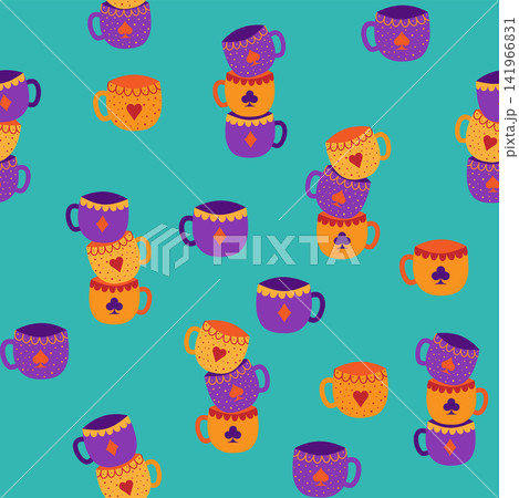 Tea time. Sets of cups with card suits seamless pattern. Alice in Wonderland Fairy Tale. Tea time. Sets of cups with card suits seamless pattern. Alice in Wonderland Fairy Tale. 141966831