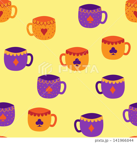 Tea time. Sets of cups with card suits seamless pattern. Alice in Wonderland Fairy Tale. Tea time. Sets of cups with card suits seamless pattern. Alice in Wonderland Fairy Tale. 141966844